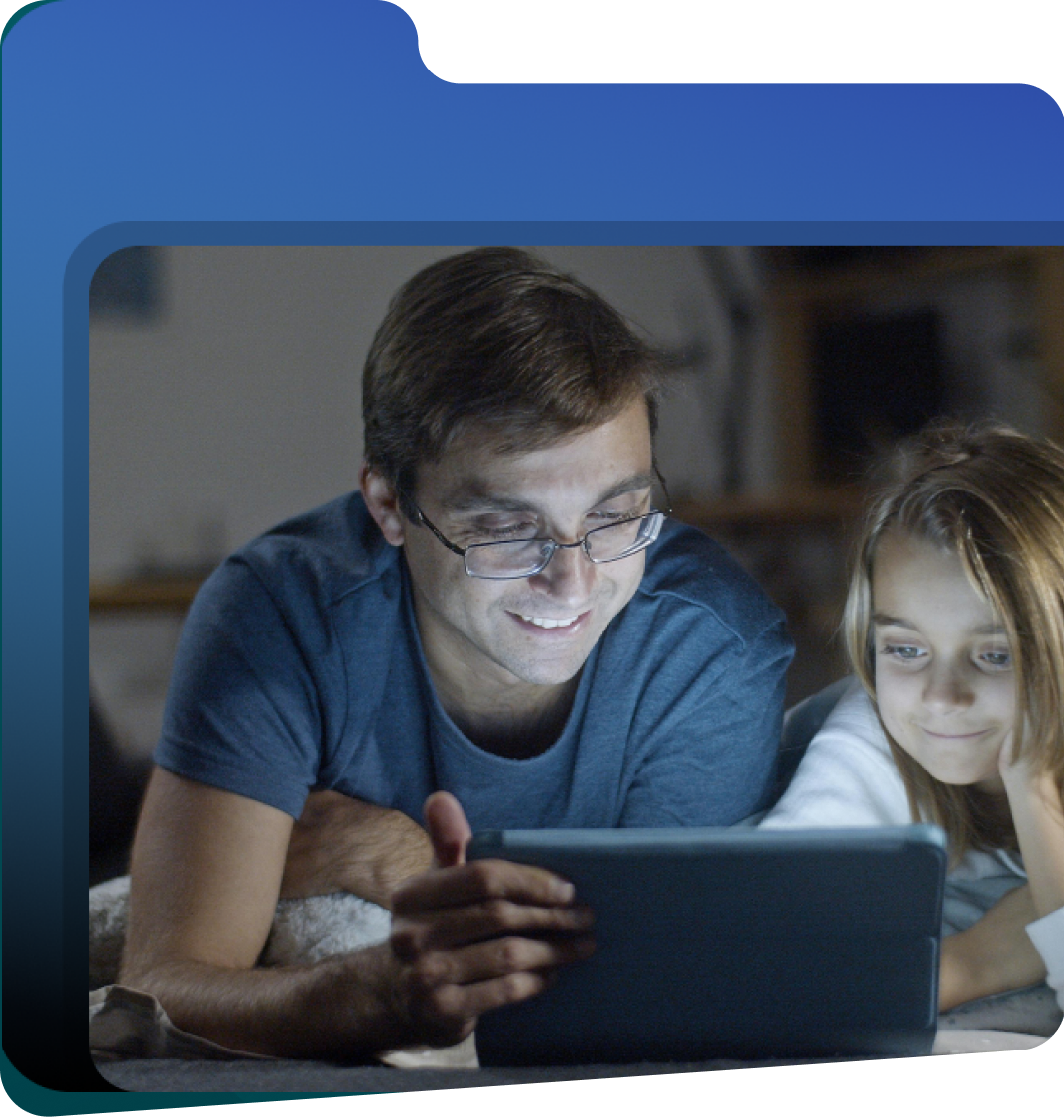 A parent and child enjoying the storytelling app together on a tablet