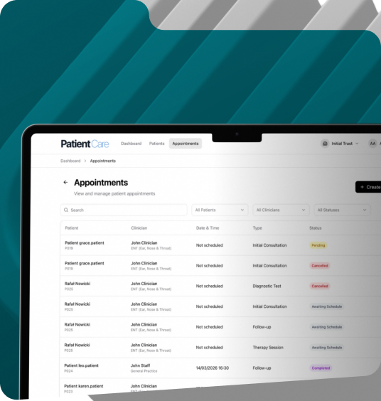 Patient care platform showing the appointments dashboard on a tablet device