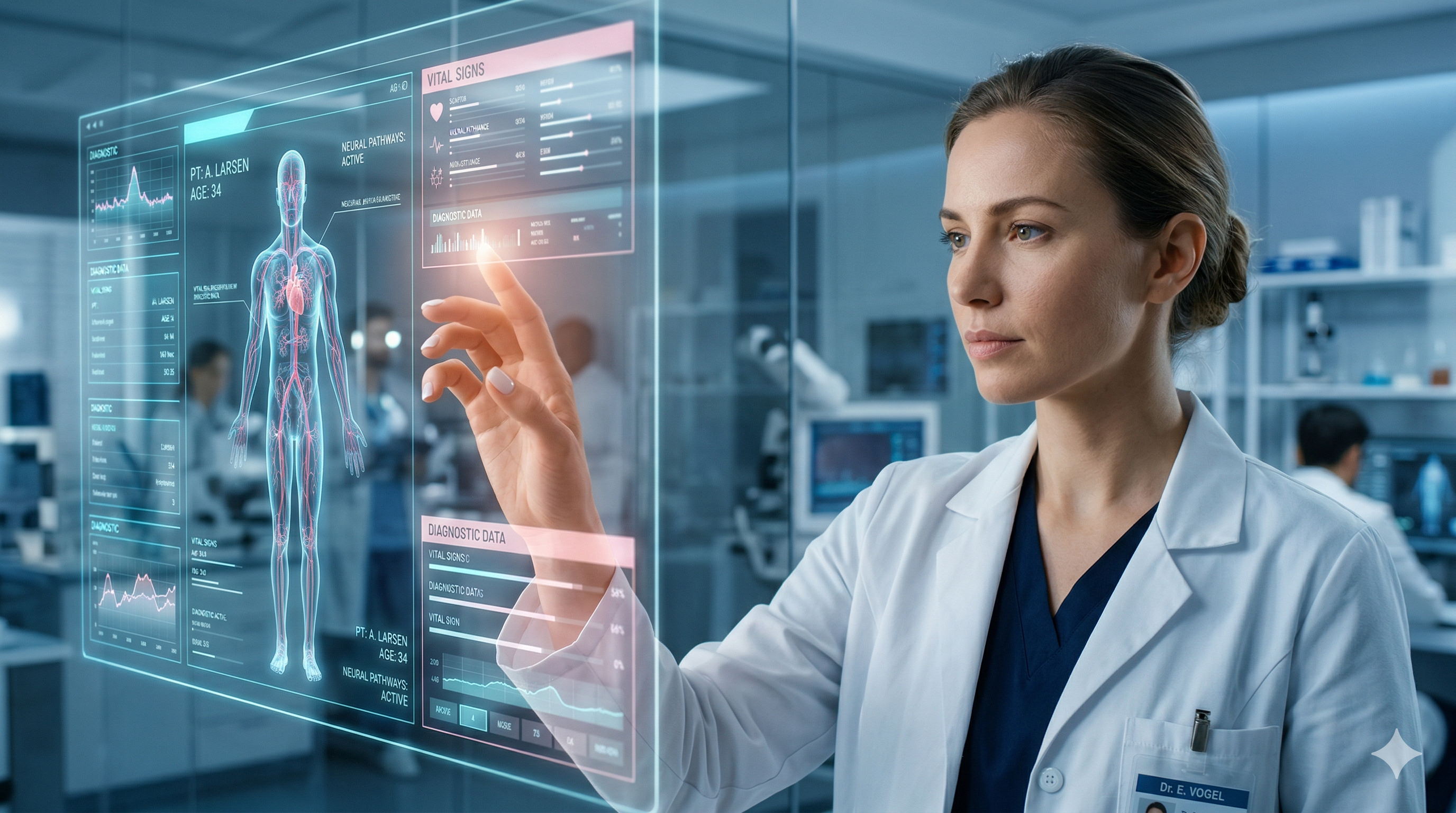 Doctor interacting with holographic human body in a futuristic medical setting