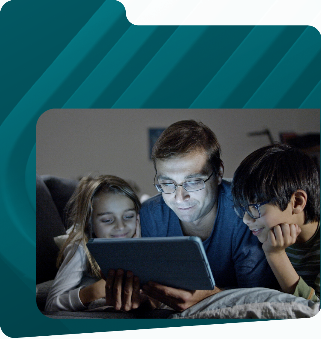 Storytelling app shown across tablet and mobile devices